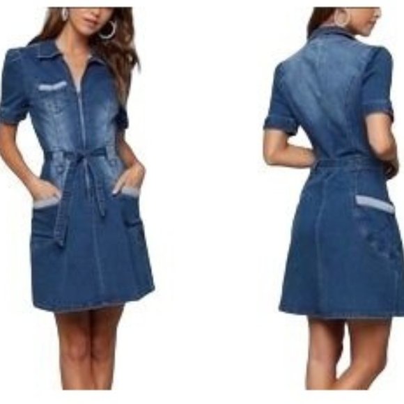 bebe Dresses & Skirts - Bebe Womens 6 ALLY ZIP FRONT BELTED DENIM DRESS POCKETS Y2K